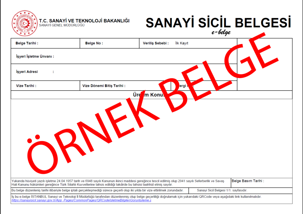 Sanayi Sicil Belgesi Örneği